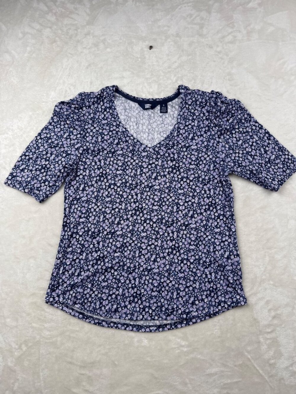 Lands End Womens V-Neck Floral Print Top Small Navy Purple Short Sleeves